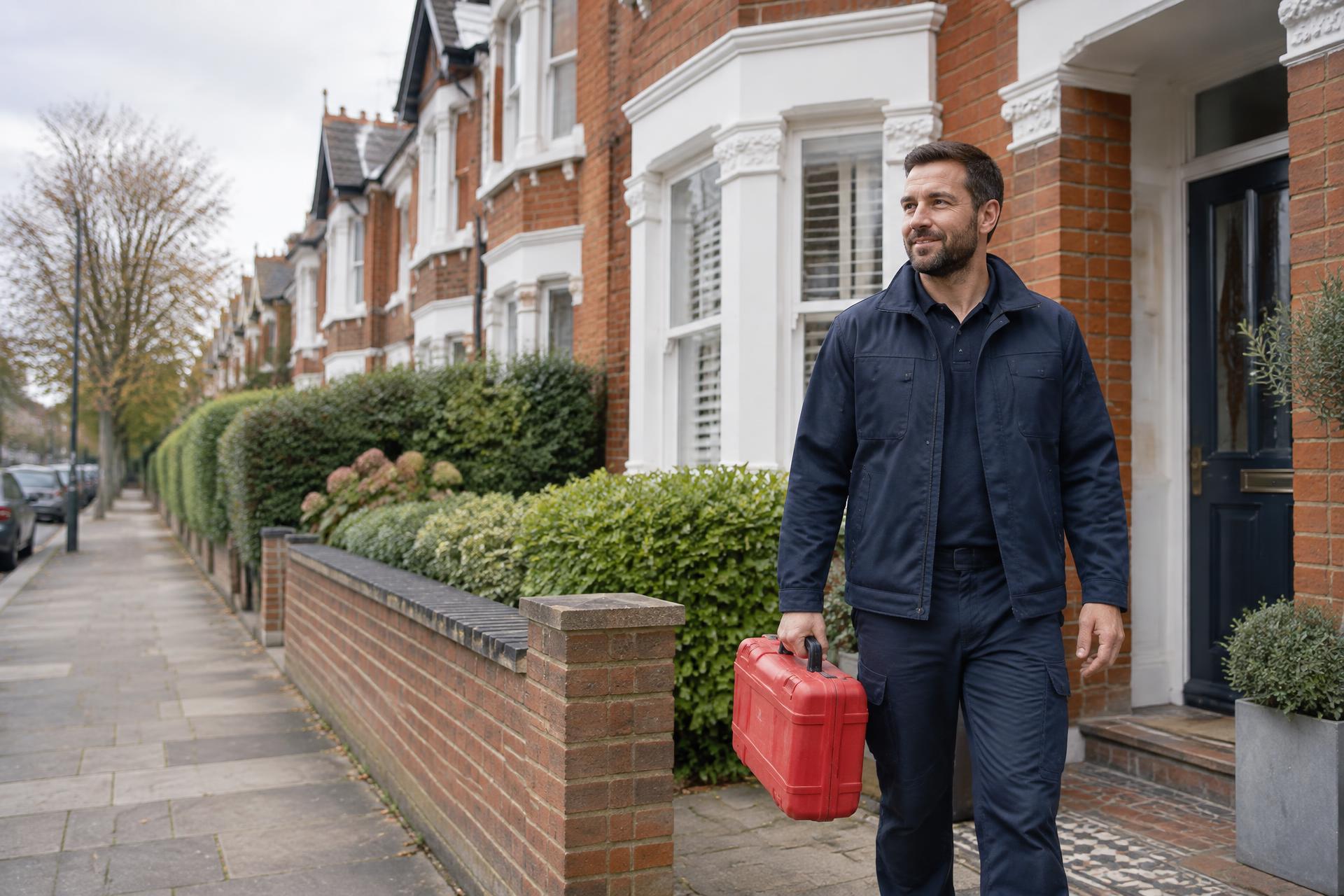 Illustrative tradesperson outside a UK home